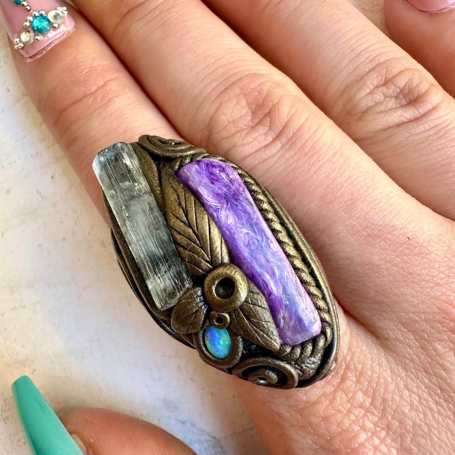 Handmade ring with aquamarine charoite and opal gemstones