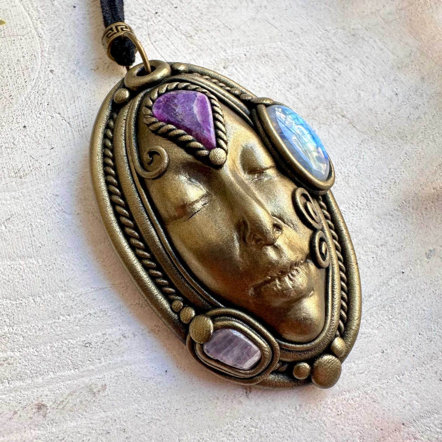 Rainbow Moonstone, Charoite and Kunzite Goddess necklace handcrafted as one of a kind metaphysical crystal jewelry.