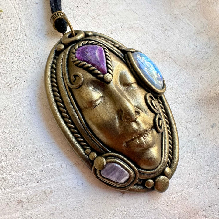 Rainbow Moonstone, Charoite and Kunzite Goddess necklace handcrafted as one of a kind metaphysical crystal jewelry.