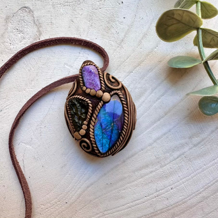 Natural gemstone jewelry necklace with labradorite and moldavite