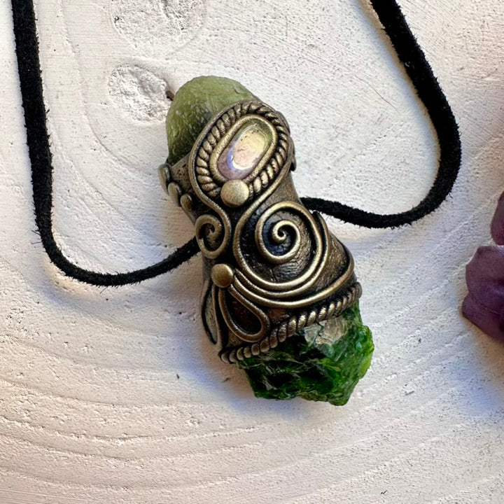 Ethically handcrafted raw-look Chrome Diopside crystal and genuine Moldavite with bi-color Tourmaline, one-of-a-kind spiritual jewelry tool.