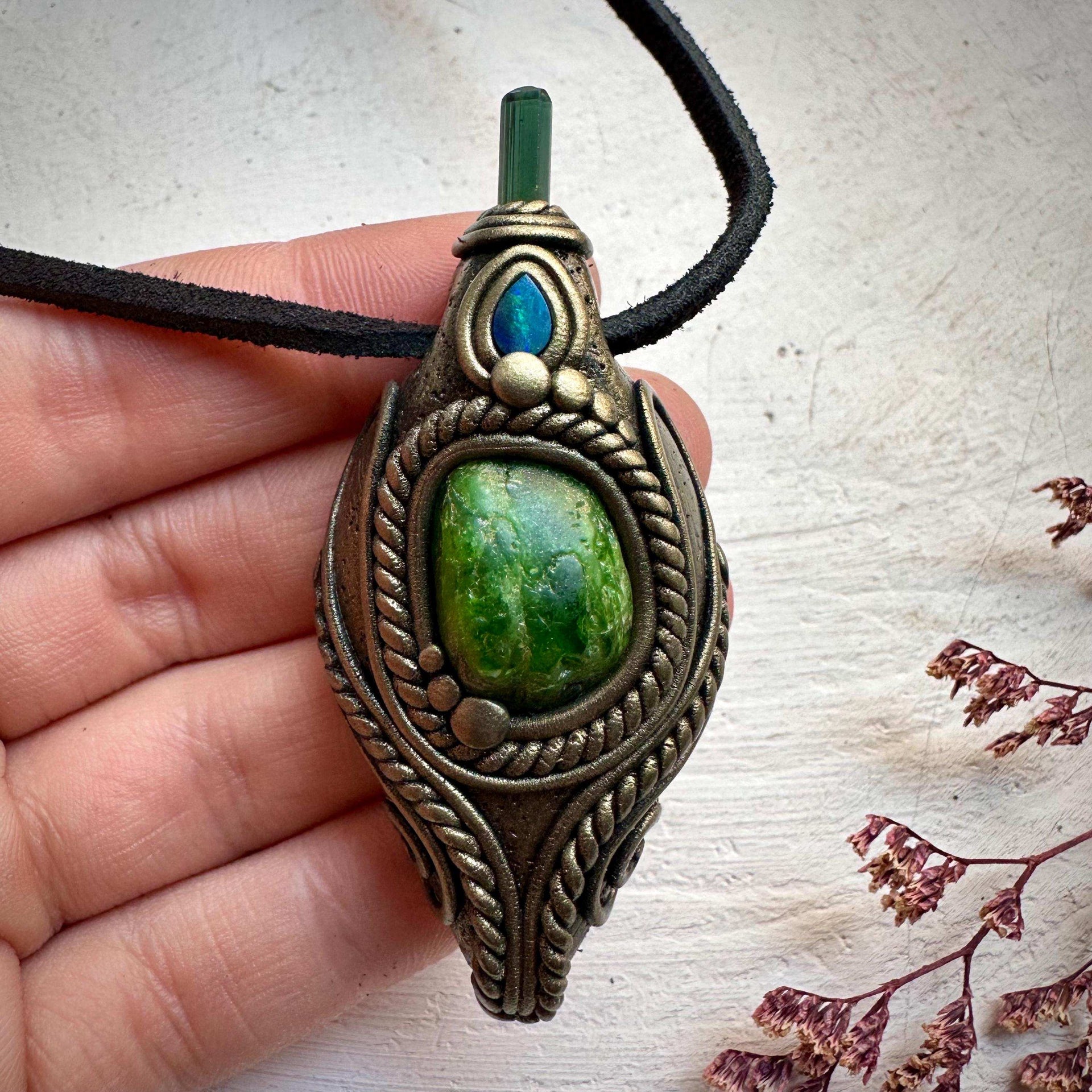 Chrome Diopside Green Tourmaline and Australian Opal Doublet Pendant Necklace - FairyGardenGlow
