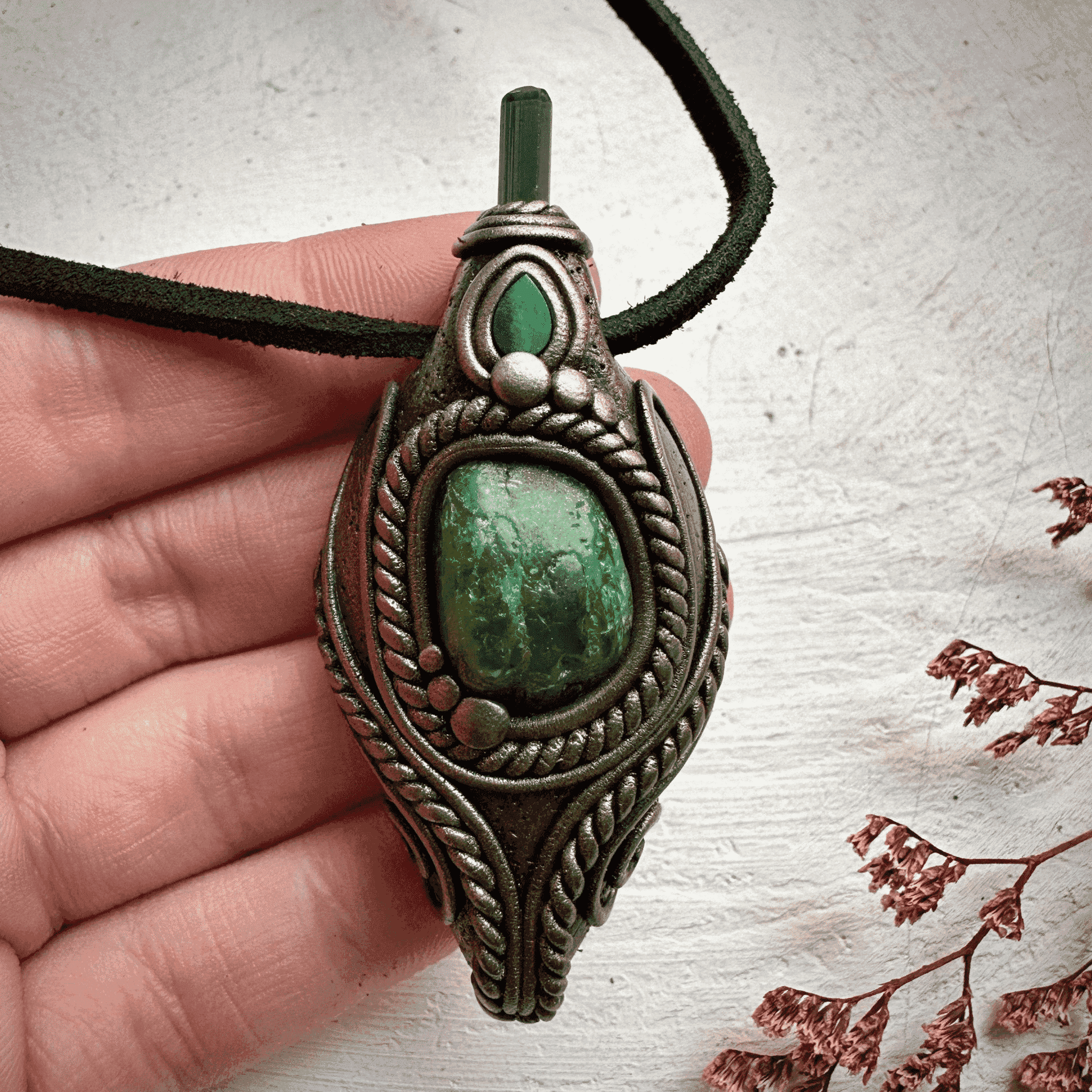 Chrome Diopside Green Tourmaline and Australian Opal Doublet Pendant Necklace - FairyGardenGlow