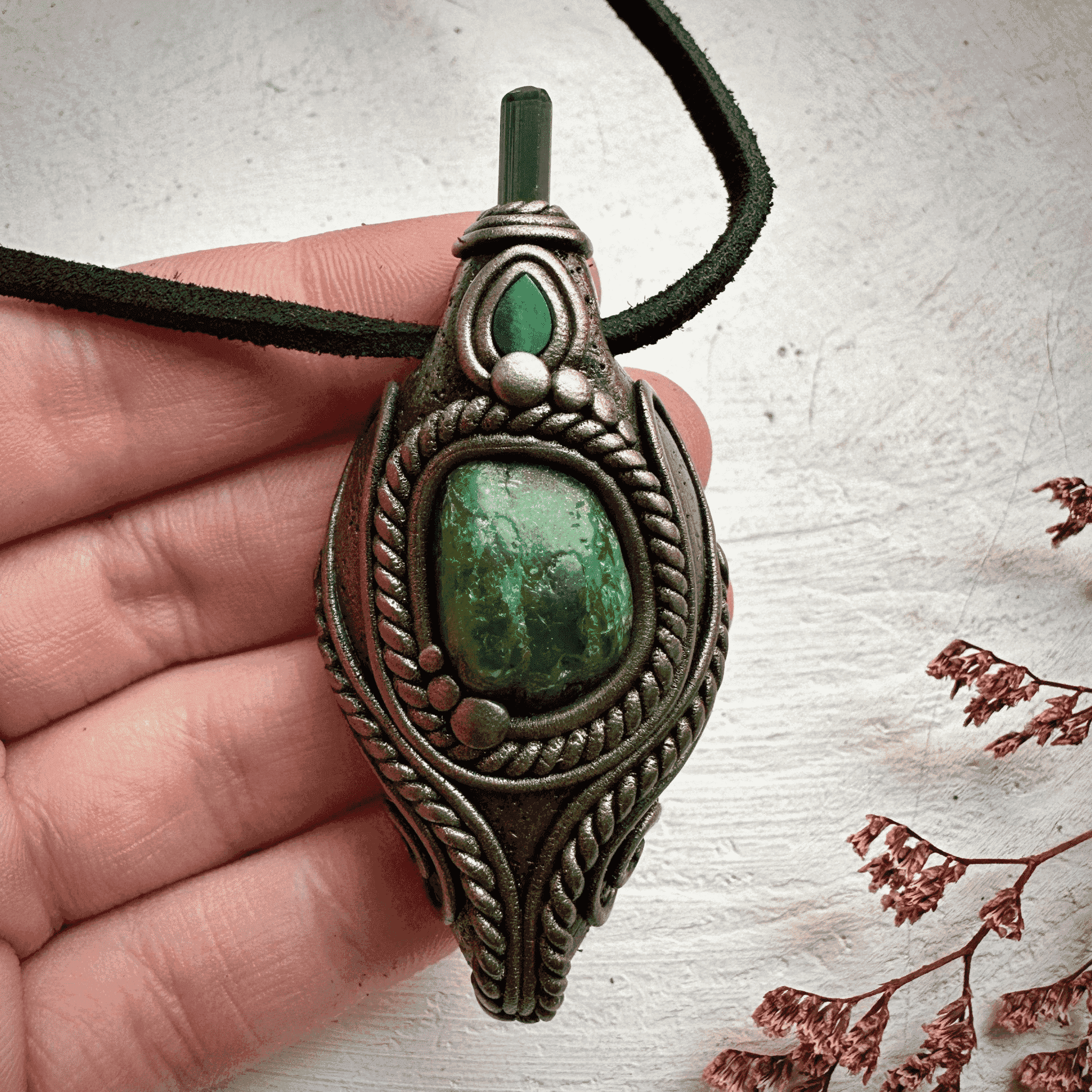 Chrome Diopside Green Tourmaline and Australian Opal Doublet Pendant Necklace - FairyGardenGlow