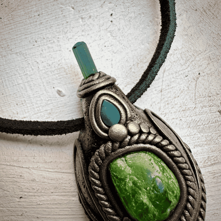 Chrome Diopside Green Tourmaline and Australian Opal Doublet Pendant Necklace - FairyGardenGlow