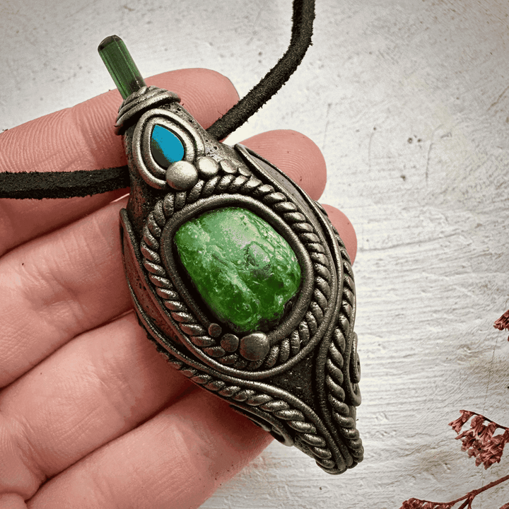 Chrome Diopside Green Tourmaline and Australian Opal Doublet Pendant Necklace - FairyGardenGlow