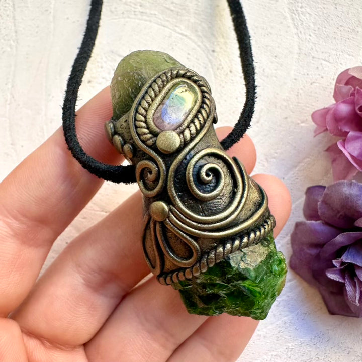 Handmade Chrome Diopside, raw green Moldavite and bi-color Tourmaline pendant necklace, unisex healing crystal talisman jewelry.