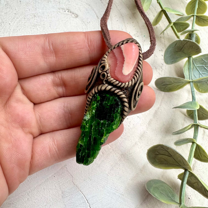 Chrome diopside and rhodochrosite pendant necklace