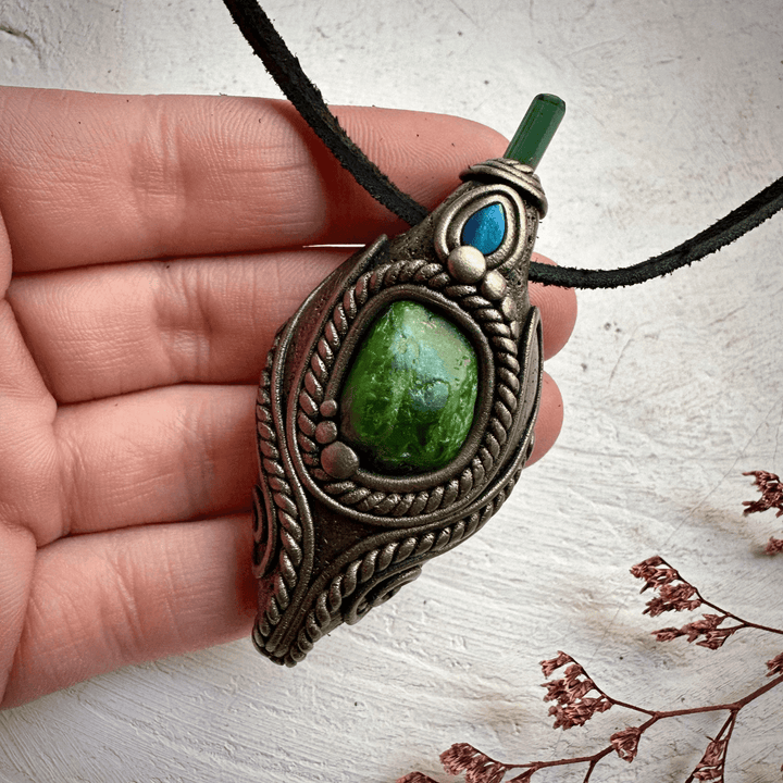 Chrome Diopside Green Tourmaline and Australian Opal Doublet Pendant Necklace - FairyGardenGlow