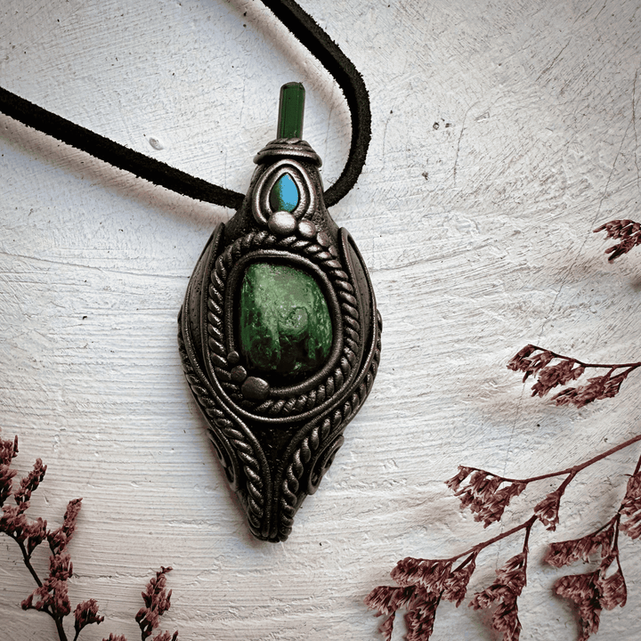 Chrome Diopside Green Tourmaline and Australian Opal Doublet Pendant Necklace - FairyGardenGlow