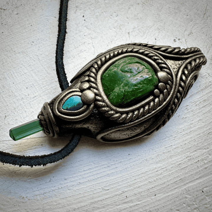 Chrome Diopside Green Tourmaline and Australian Opal Doublet Pendant Necklace - FairyGardenGlow