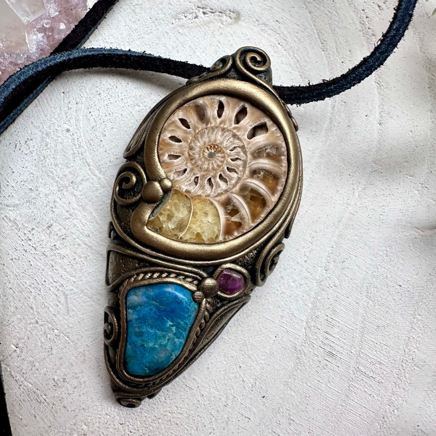 Handmade necklace with ammonite chrysocolla and ruby