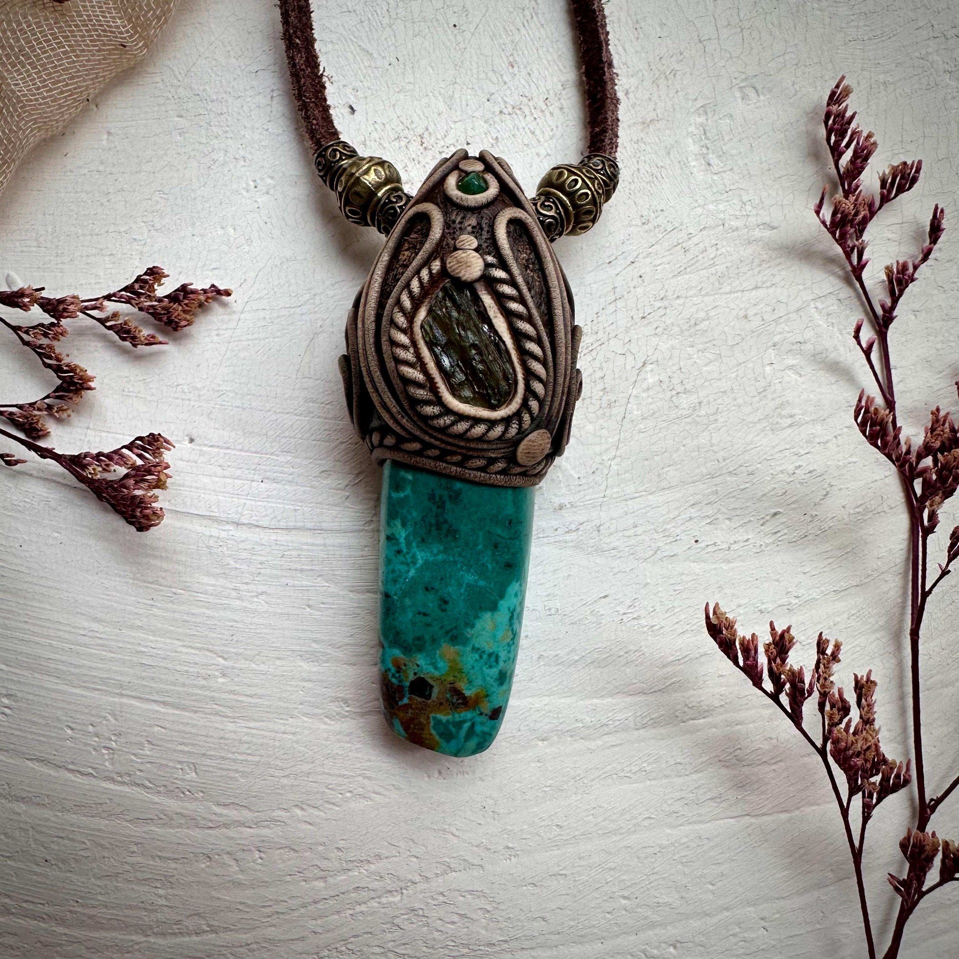 Chrysocolla Moldavite and Emerald Pendant Necklace - FairyGardenGlow