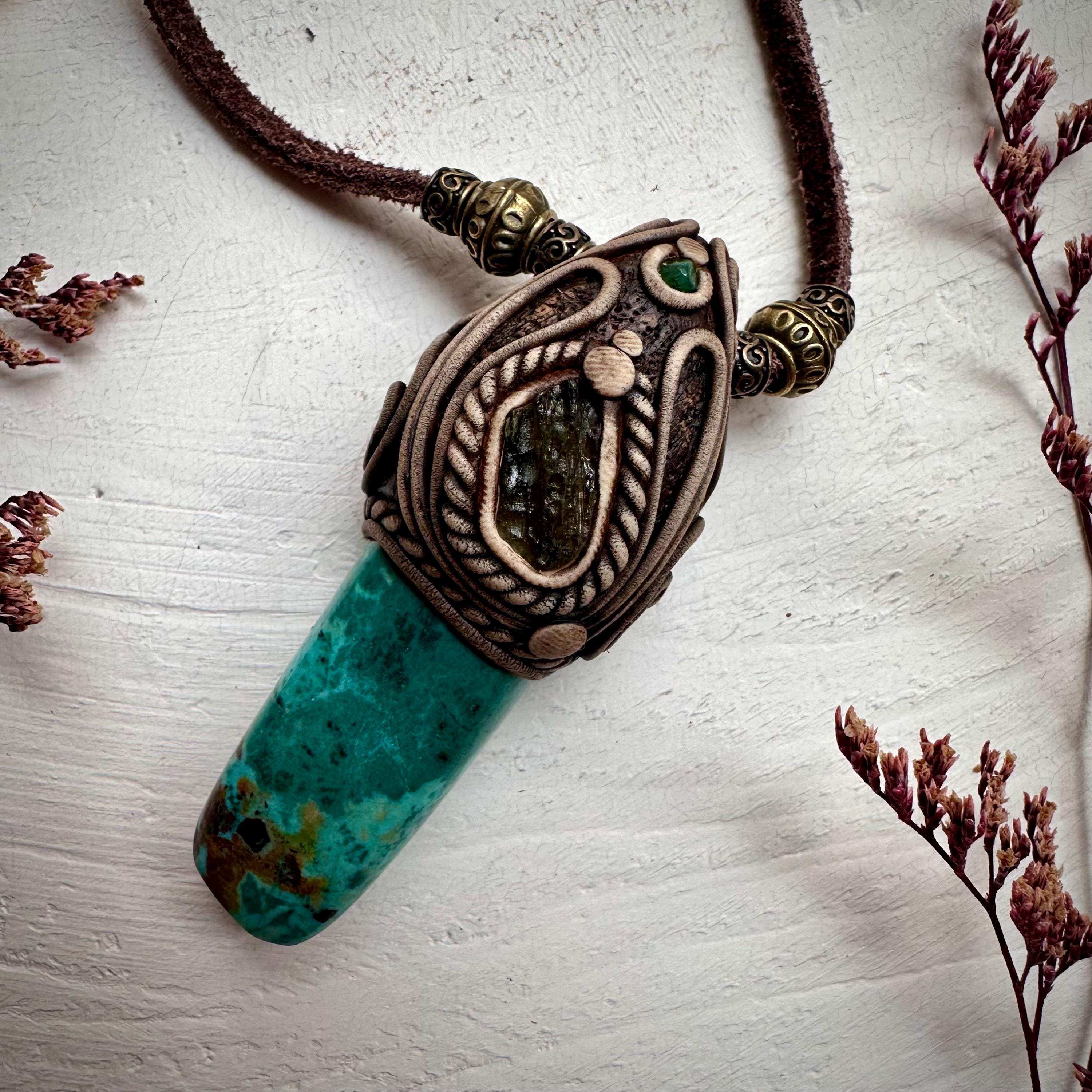 Chrysocolla Moldavite and Emerald Pendant Necklace - FairyGardenGlow
