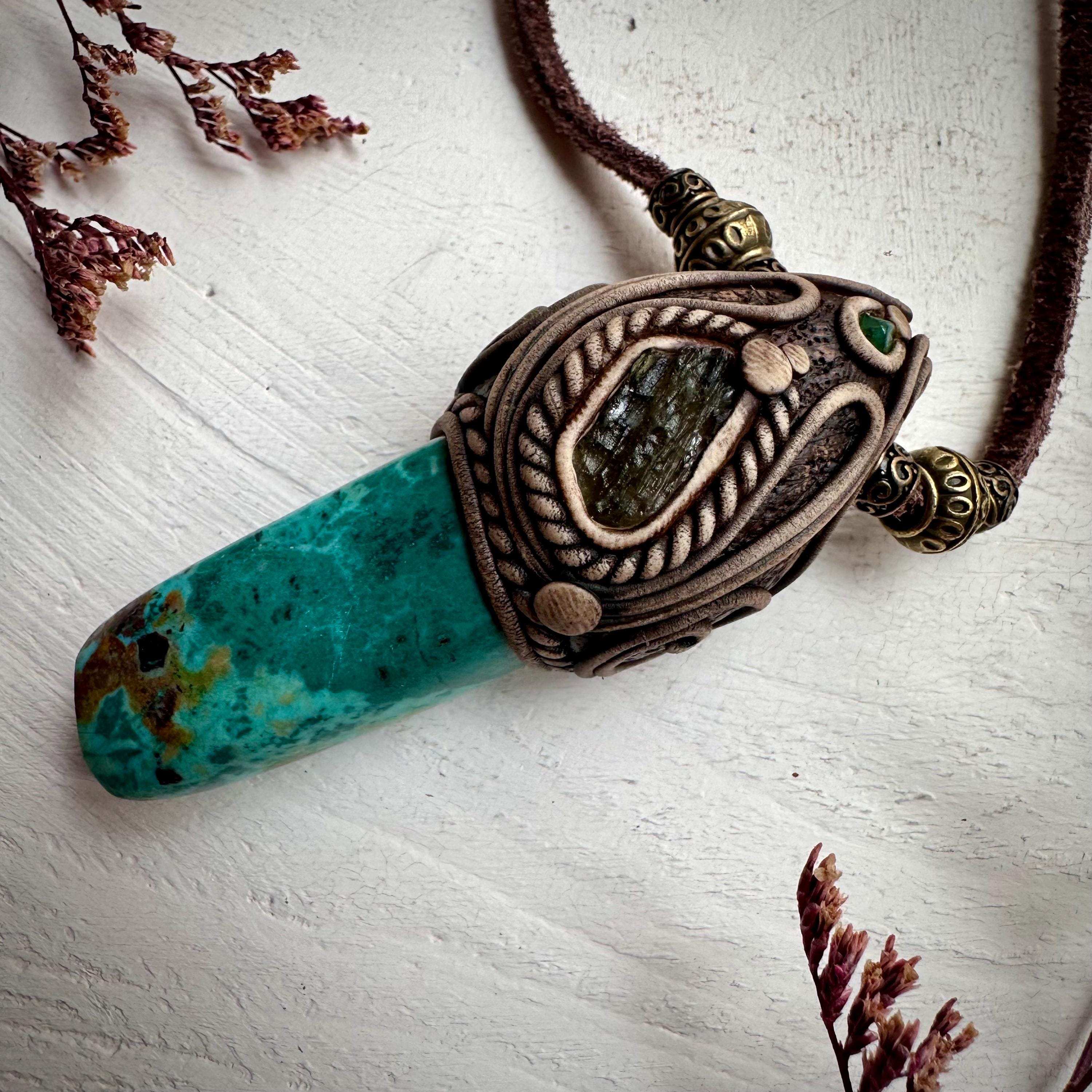 Chrysocolla Moldavite and Emerald Pendant Necklace - FairyGardenGlow