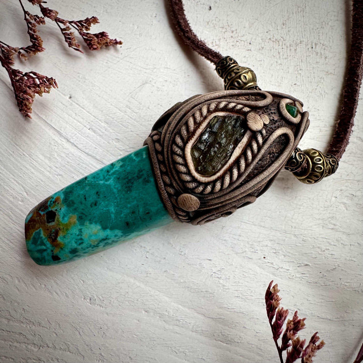 Chrysocolla Moldavite and Emerald Pendant Necklace - FairyGardenGlow