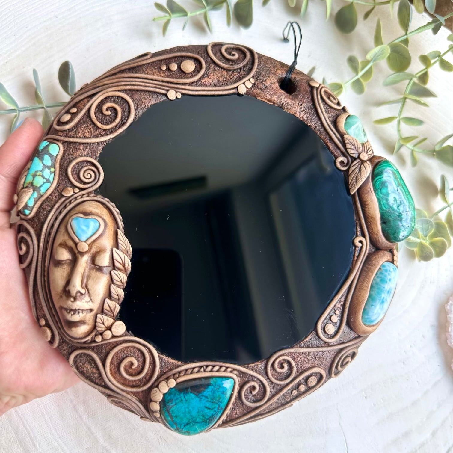 Goddess wall decor with larimar chrysocolla and turquoise crystals