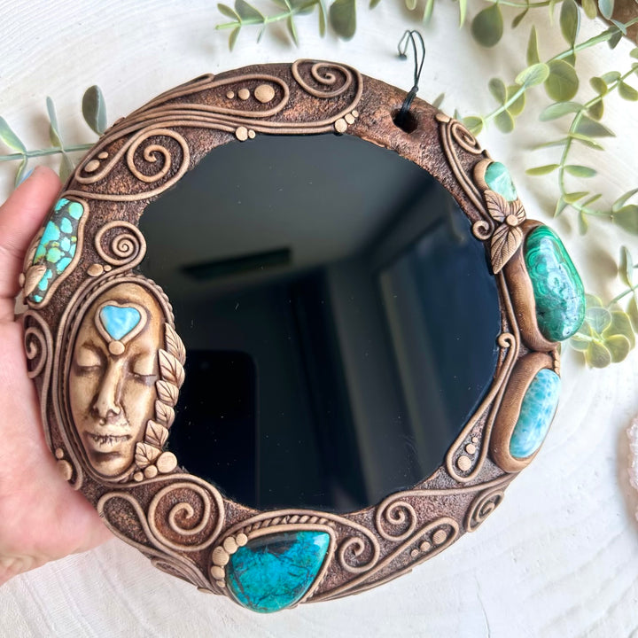 Goddess wall decor with larimar chrysocolla and turquoise crystals