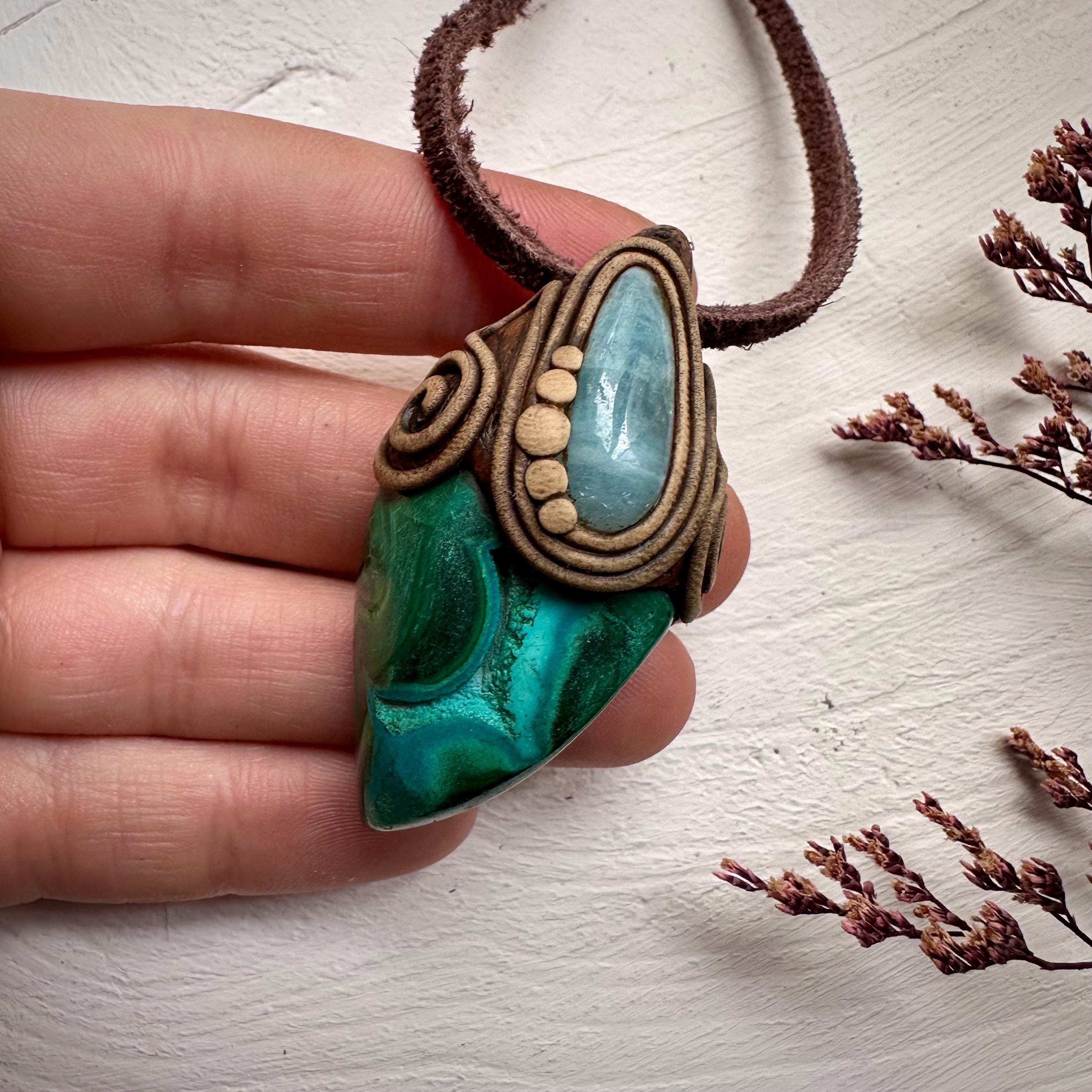 Chrysocolla Malachite and Aquamarine Pendant - FairyGardenGlow