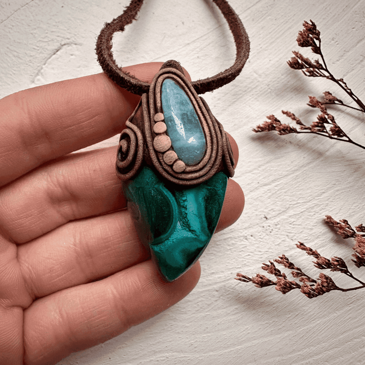 Chrysocolla Malachite and Aquamarine Pendant - FairyGardenGlow