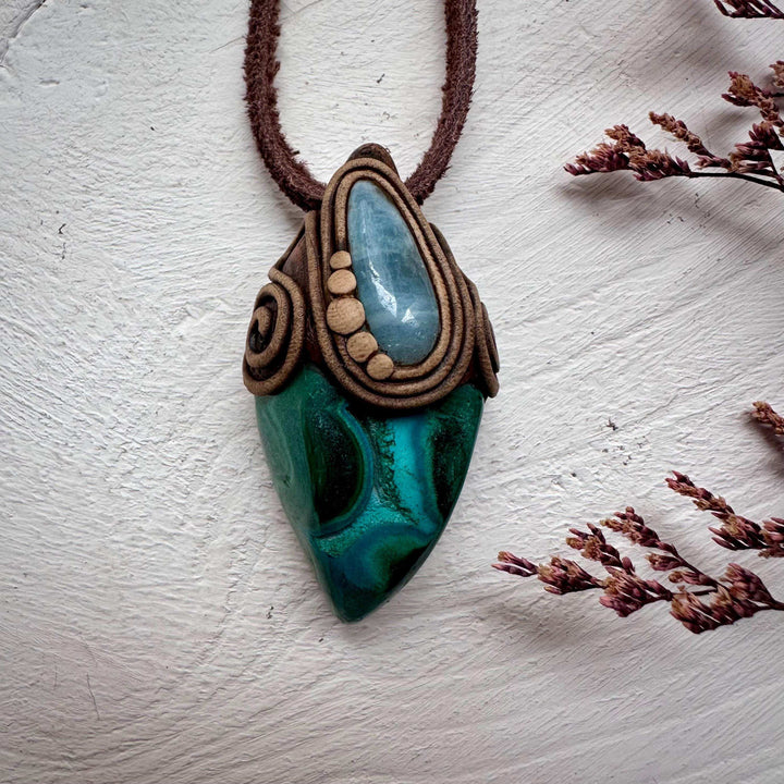 Chrysocolla Malachite and Aquamarine Pendant - FairyGardenGlow