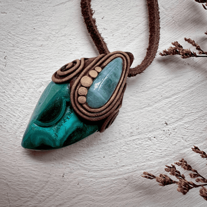 Chrysocolla Malachite and Aquamarine Pendant - FairyGardenGlow