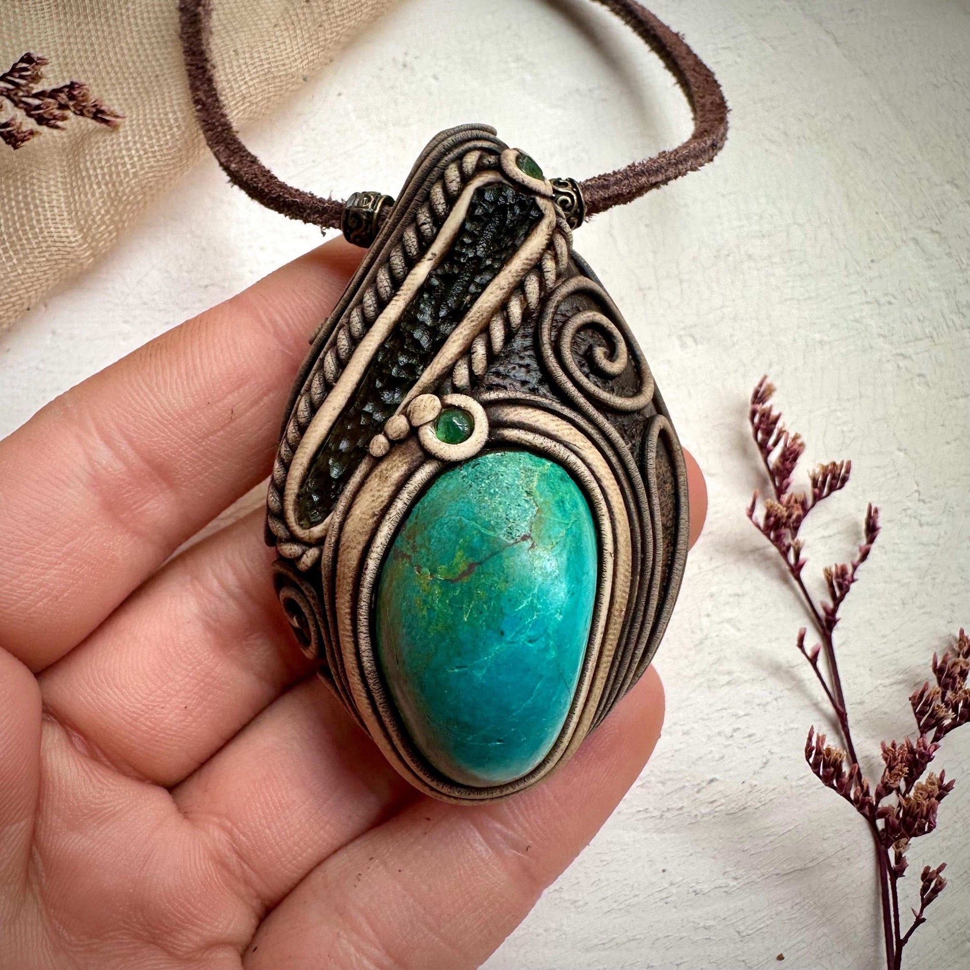 Chrysocolla Moldavite and Emerald Necklace - FairyGardenGlow