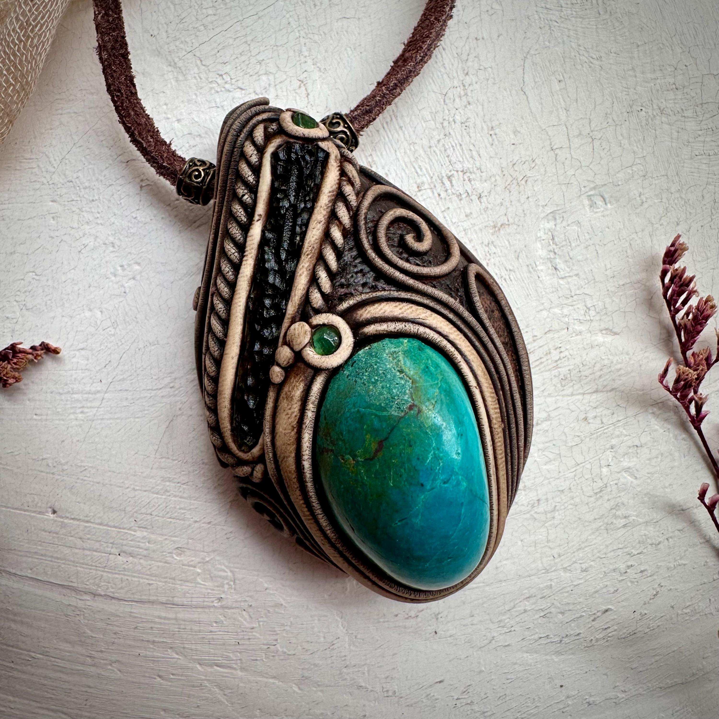 Chrysocolla Moldavite and Emerald Necklace - FairyGardenGlow