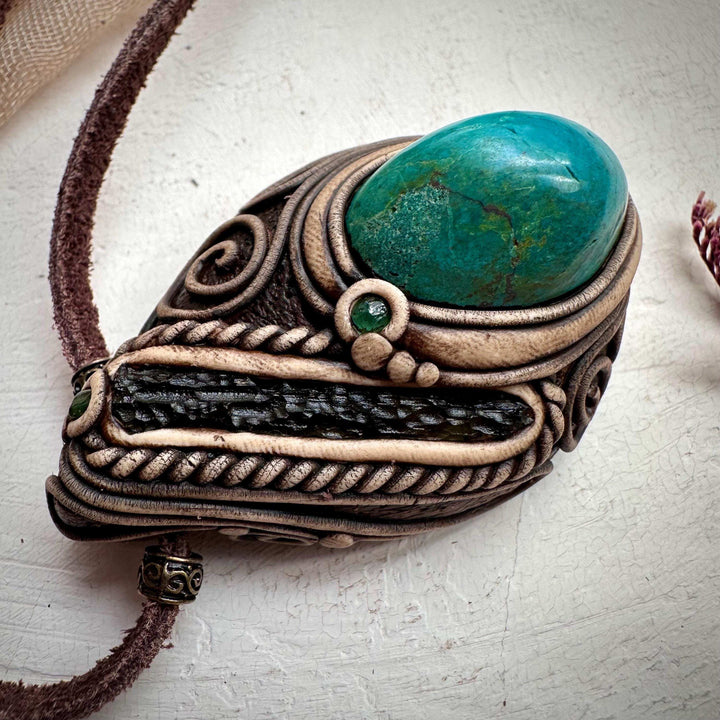 Chrysocolla Moldavite and Emerald Necklace - FairyGardenGlow