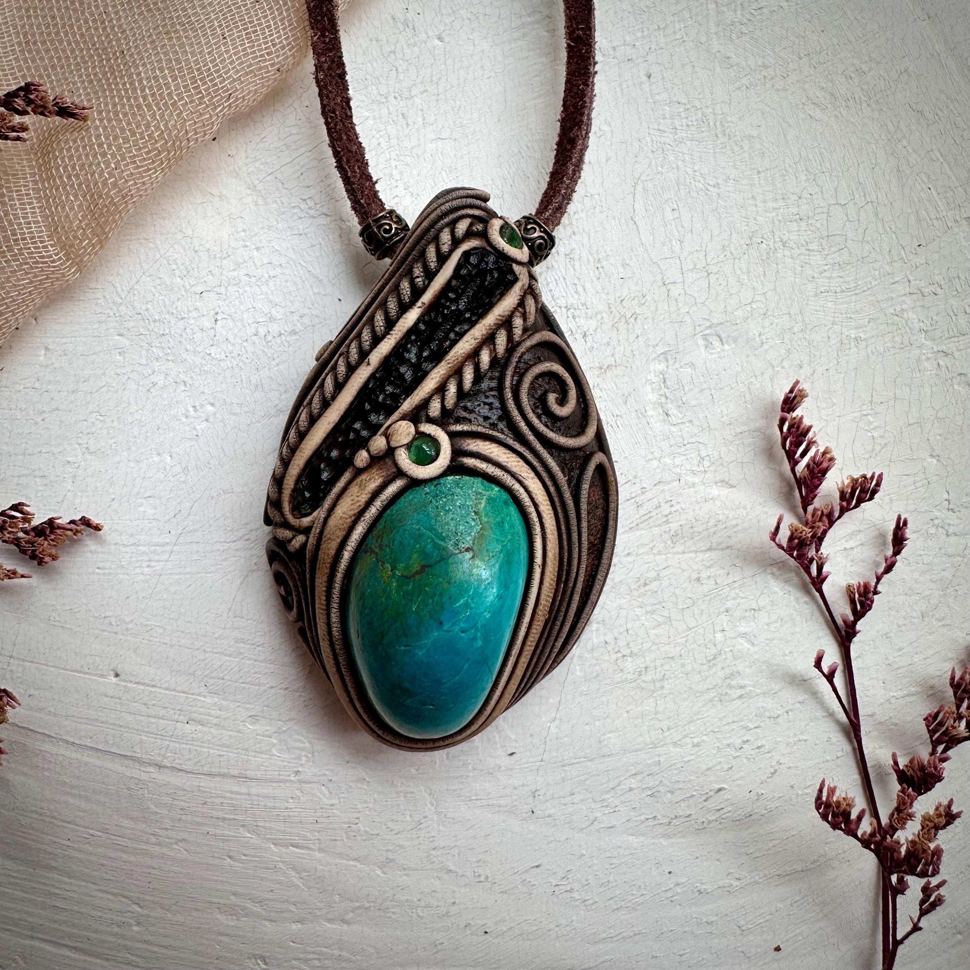 Chrysocolla Moldavite and Emerald Necklace - FairyGardenGlow