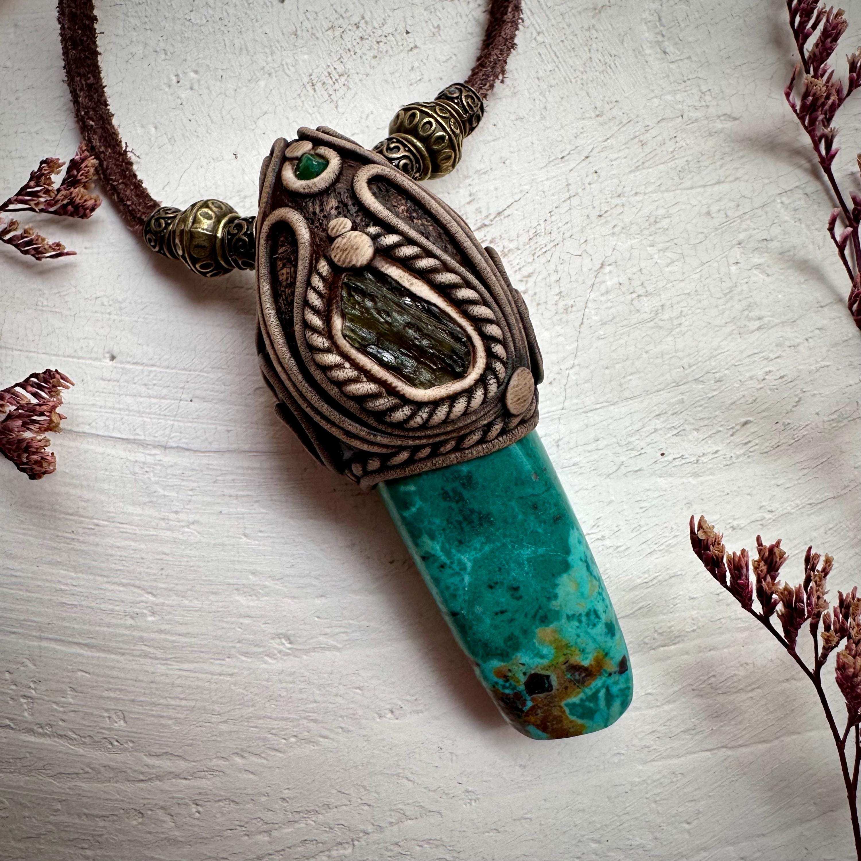 Chrysocolla Moldavite and Emerald Pendant Necklace - FairyGardenGlow