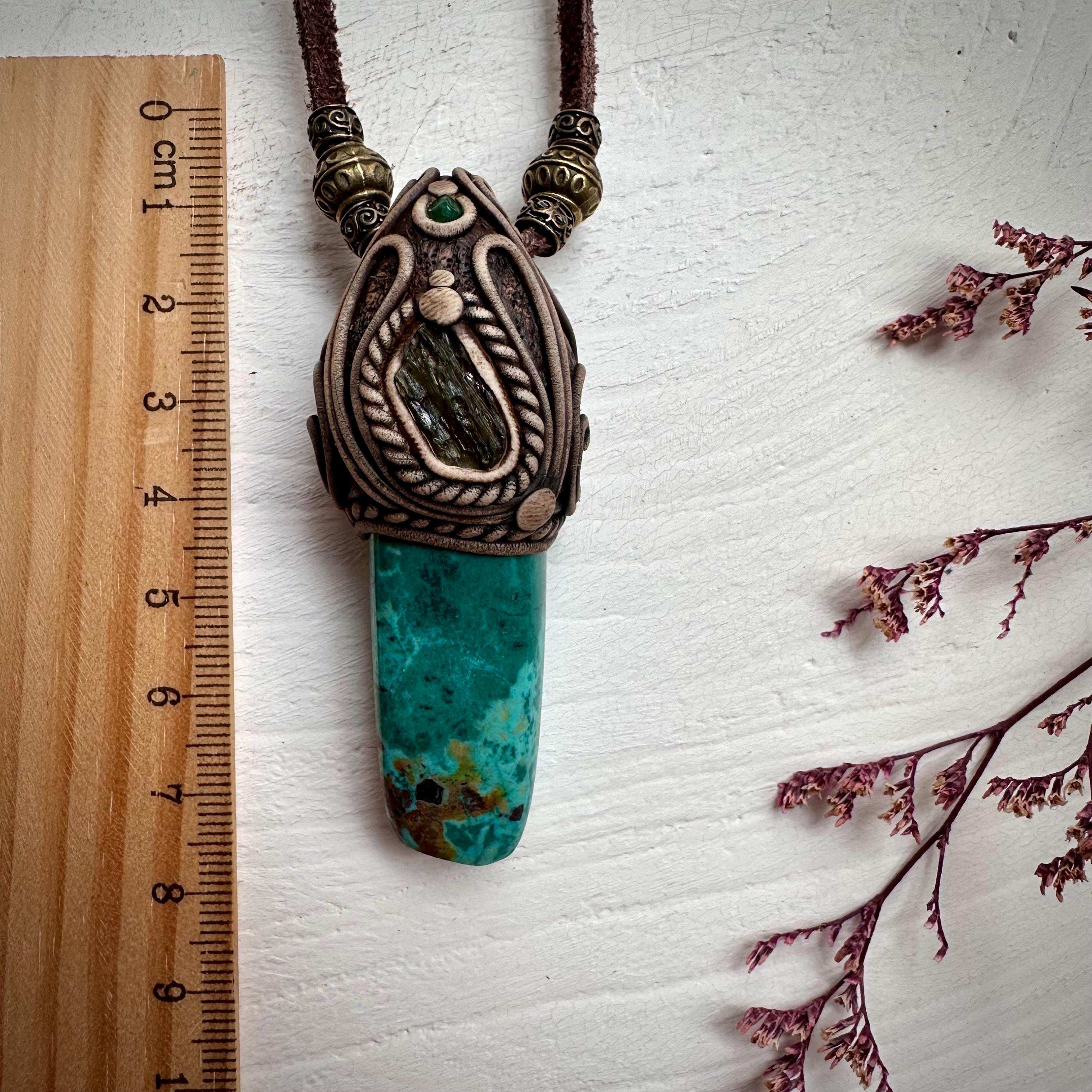 Chrysocolla Moldavite and Emerald Pendant Necklace - FairyGardenGlow