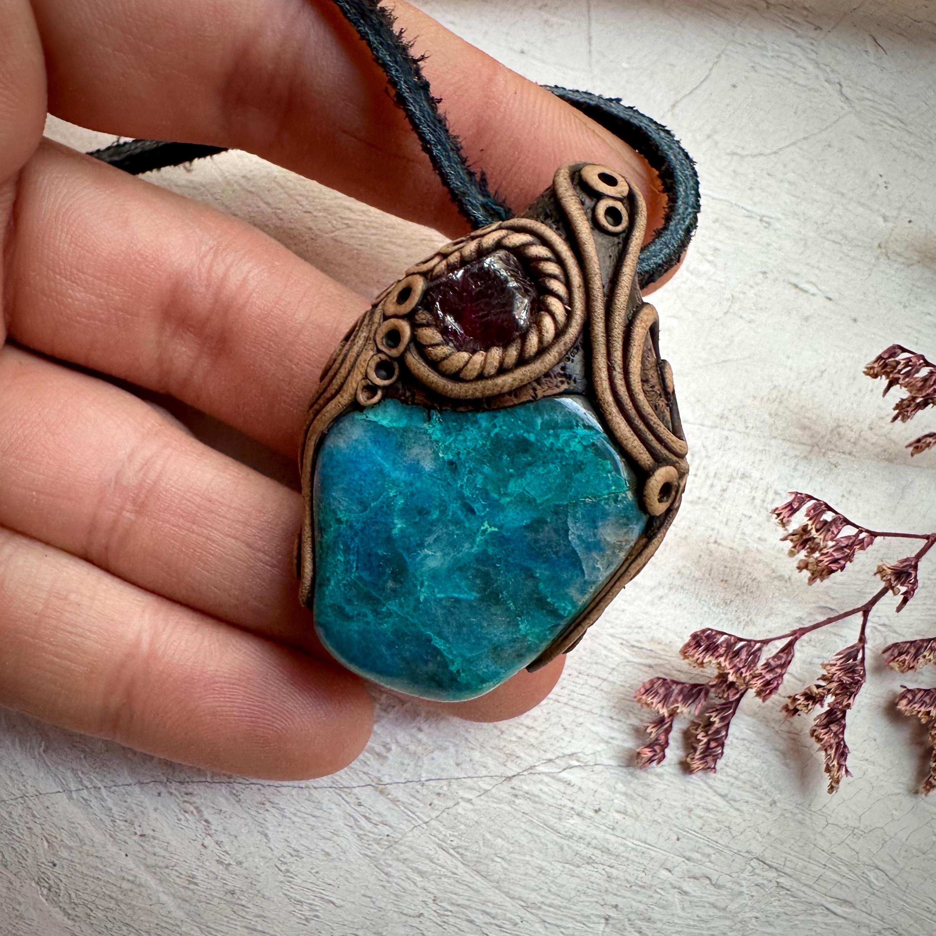 Chrysocolla and Rhodolite Garnet Necklace - FairyGardenGlow