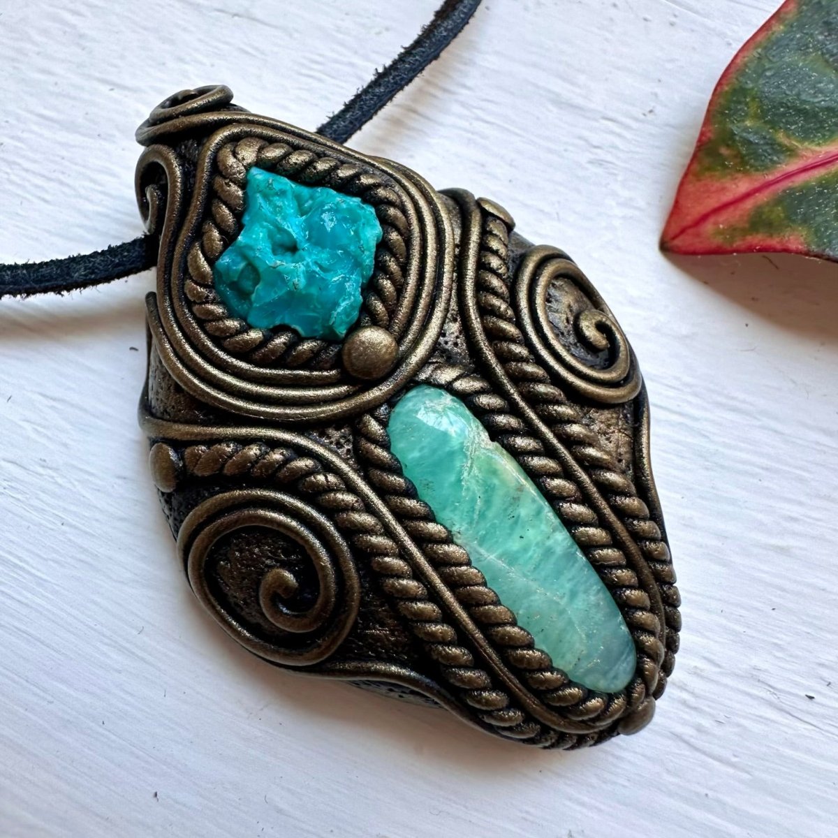 Crystal talisman necklace with chrysoprase and chrysocolla natural gemstones