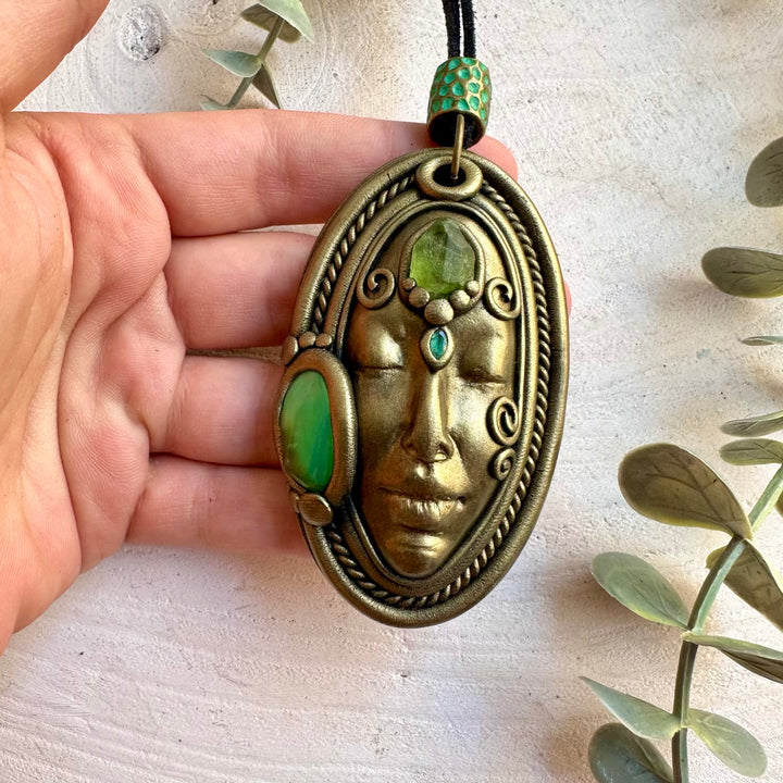 Chrysoprase with Raw Peridot and Emerald Goddess necklace handcrafted as spiritual energy healing jewelry.