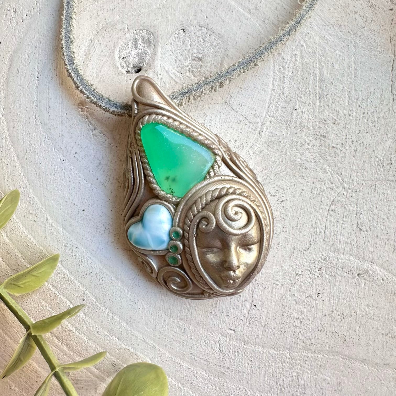 Crystal talisman necklace with chrysoprase larimar heart and emerald