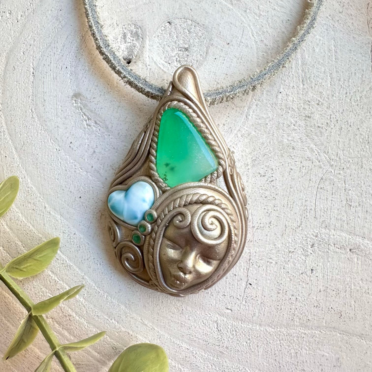 Chrysoprase with Larimar Heart and Emerald goddess necklace