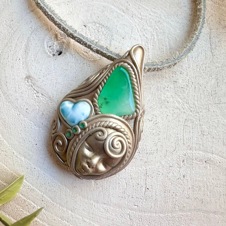 Chrysoprase with Larimar Heart and Emerald goddess necklace handmade