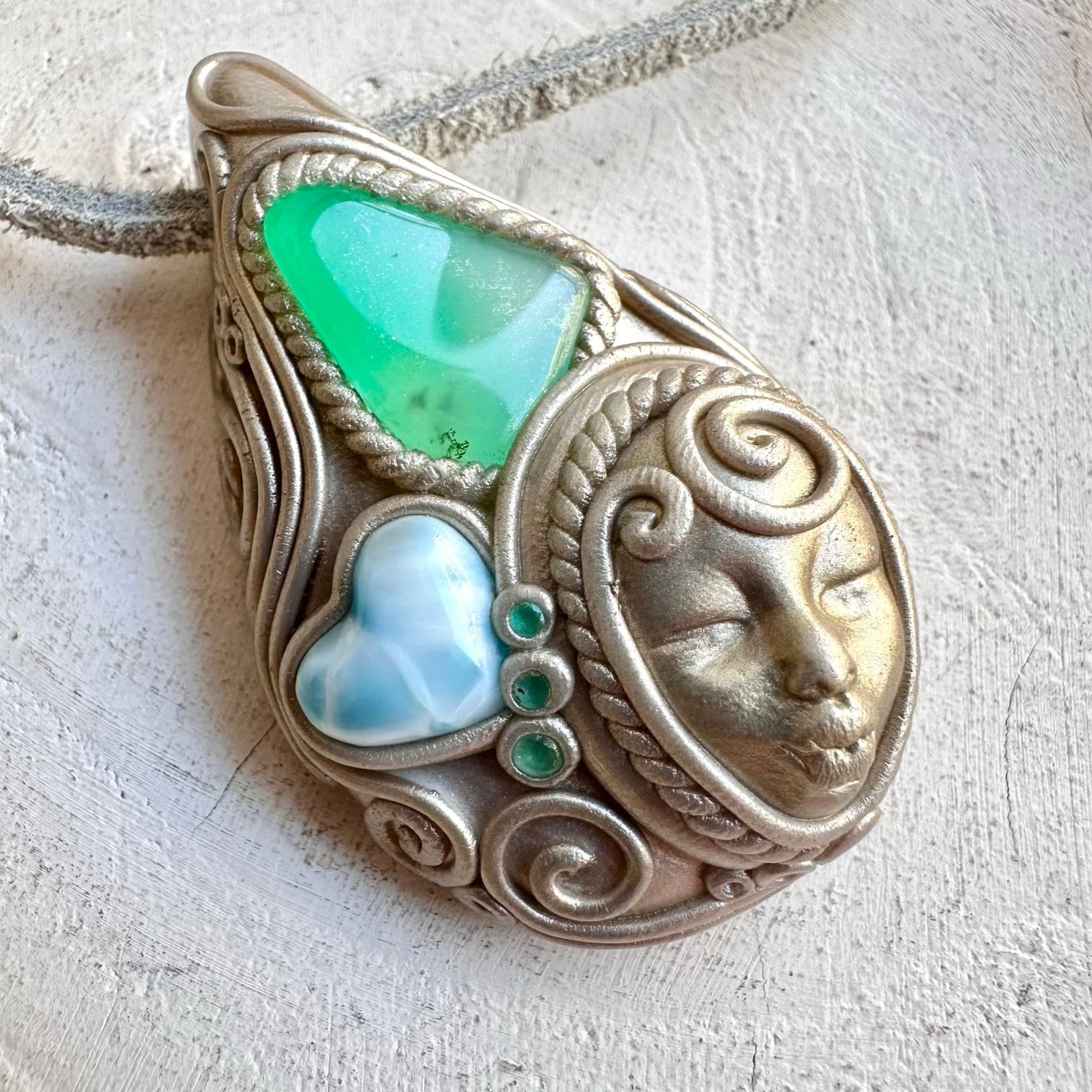 Crystal talisman necklace with chrysoprase larimar heart and emerald healing stones