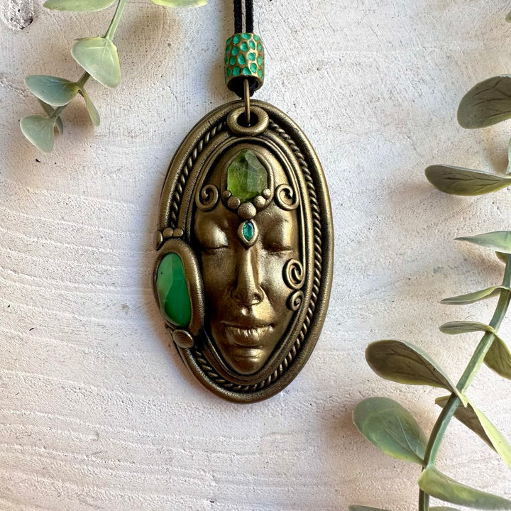 One of a kind spiritual pendant with green Chrysoprase, raw Peridot and natural Emerald.