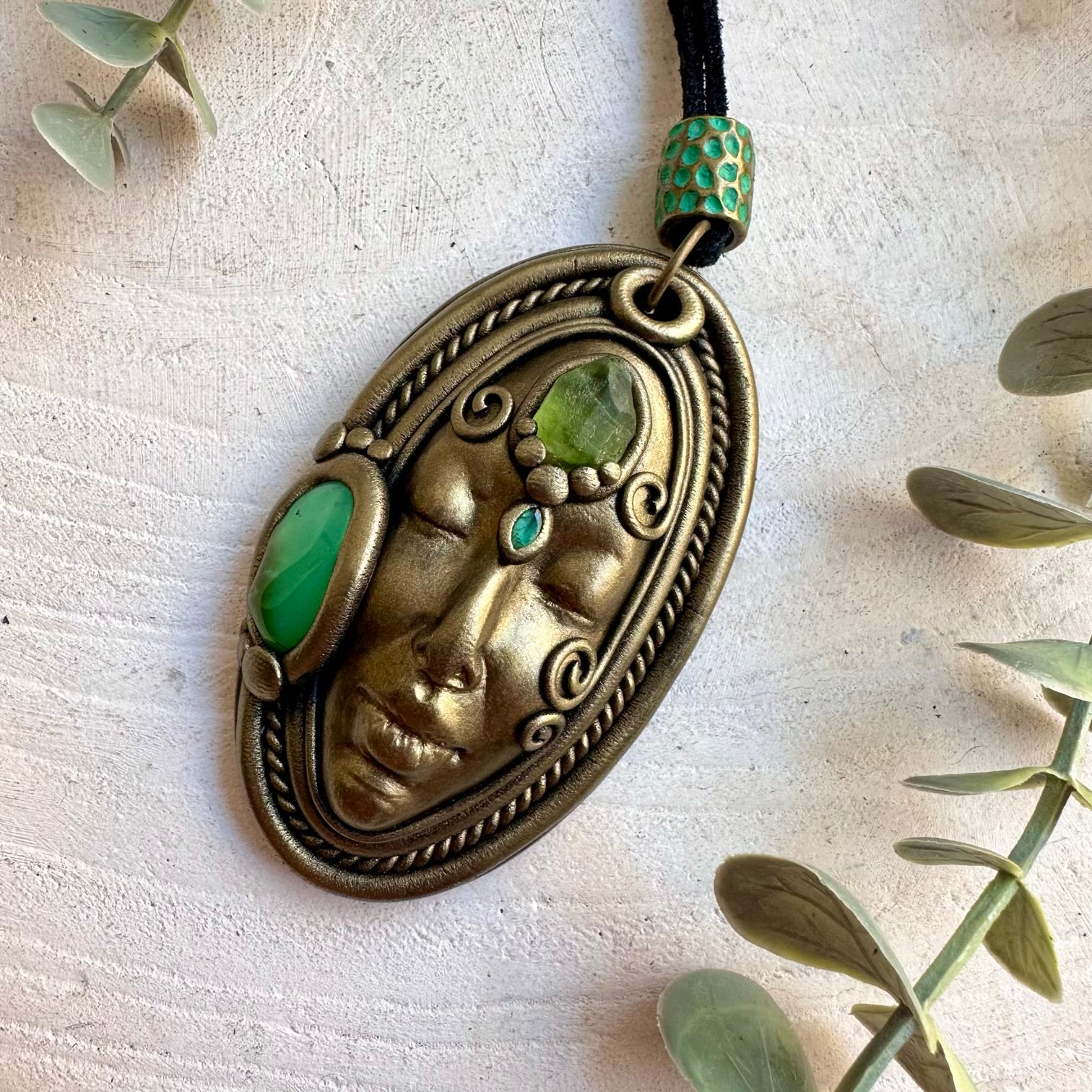 Handmade Goddess necklace featuring Chrysoprase, Raw Peridot and Emerald gemstones.
