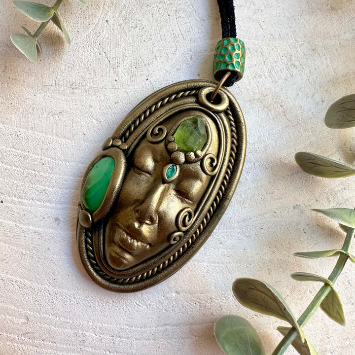 Handmade Goddess necklace featuring Chrysoprase, Raw Peridot and Emerald gemstones.