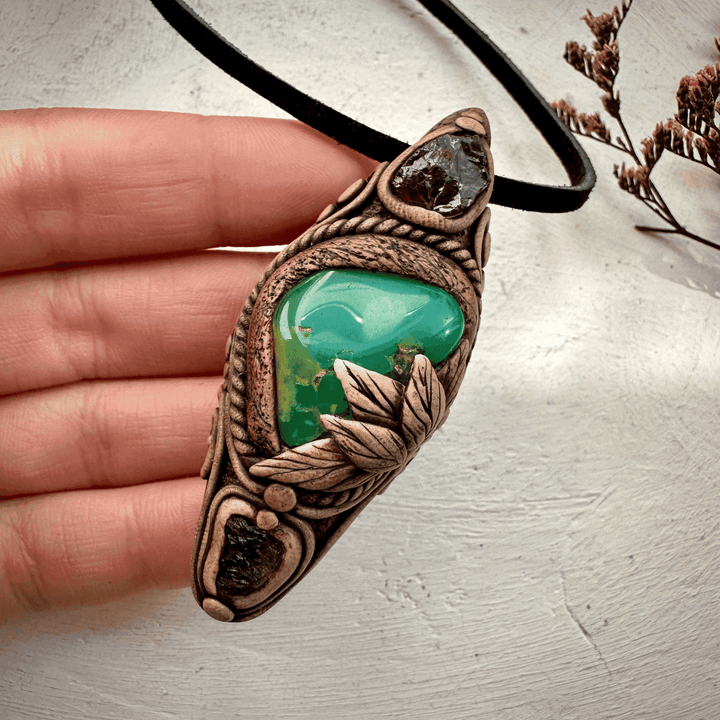 Chrysoprase Red Garnet and Moldavite Pendant - FairyGardenGlow