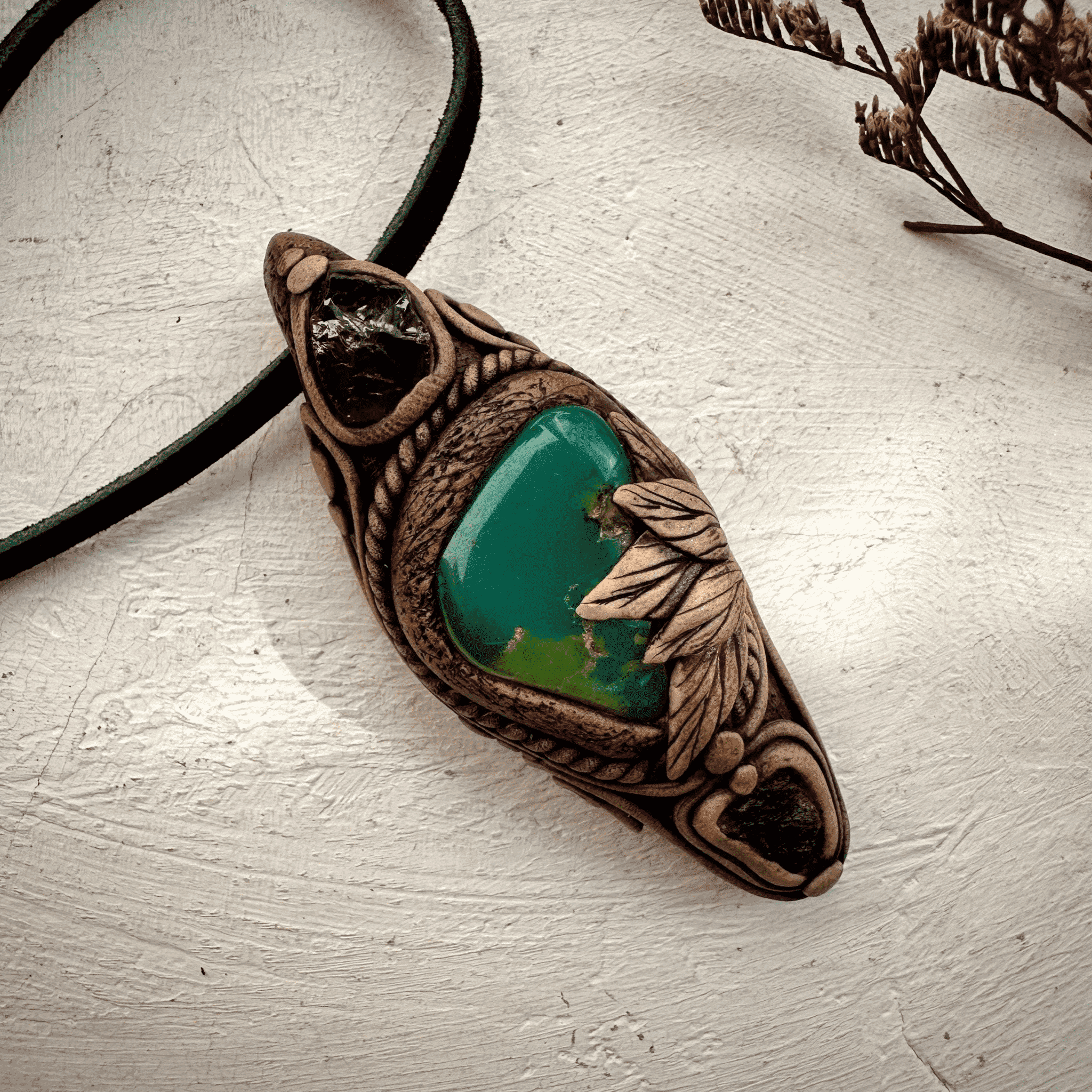 Chrysoprase Red Garnet and Moldavite Pendant - FairyGardenGlow