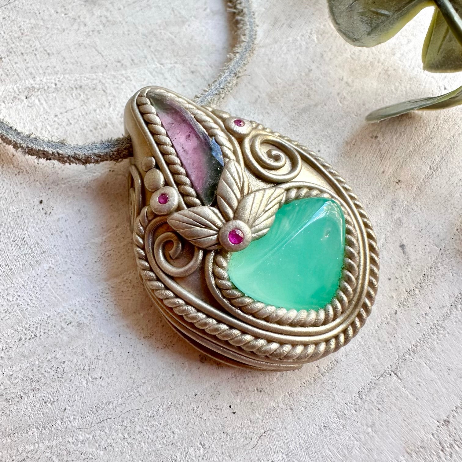 Handmade crystal jewelry combining Chrysoprase with pink and green Watermelon Tourmaline and rich red Ruby.