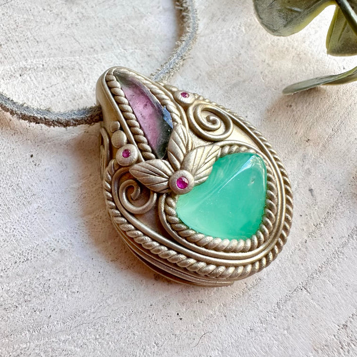 Handmade crystal jewelry combining Chrysoprase with pink and green Watermelon Tourmaline and rich red Ruby.