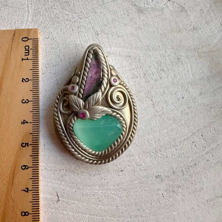 Handmade pendant necklace featuring Chrysoprase, Watermelon Tourmaline and Ruby gemstones.