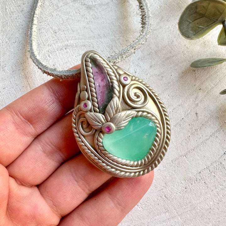 Handmade Chrysoprase, Watermelon Tourmaline and Ruby pendant necklace, a one of a kind healing crystal jewelry piece combining vibrant green Chrysoprase with colorful pink-and-green Tourmaline and Ruby.