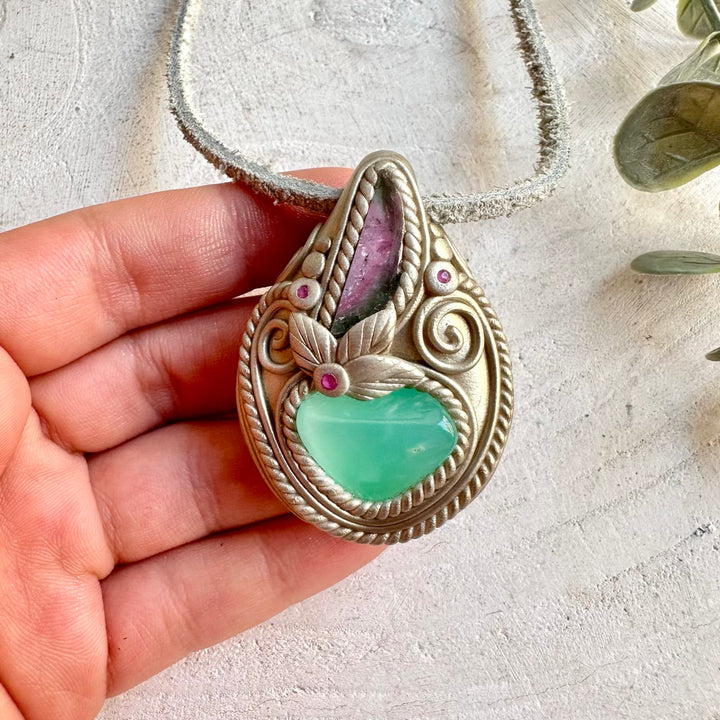 Handmade Chrysoprase, Watermelon Tourmaline and Ruby pendant necklace. An enchanting spiritual gemstone necklace for love, emotional healing, renewal, passion, confidence and heart-centered energy.