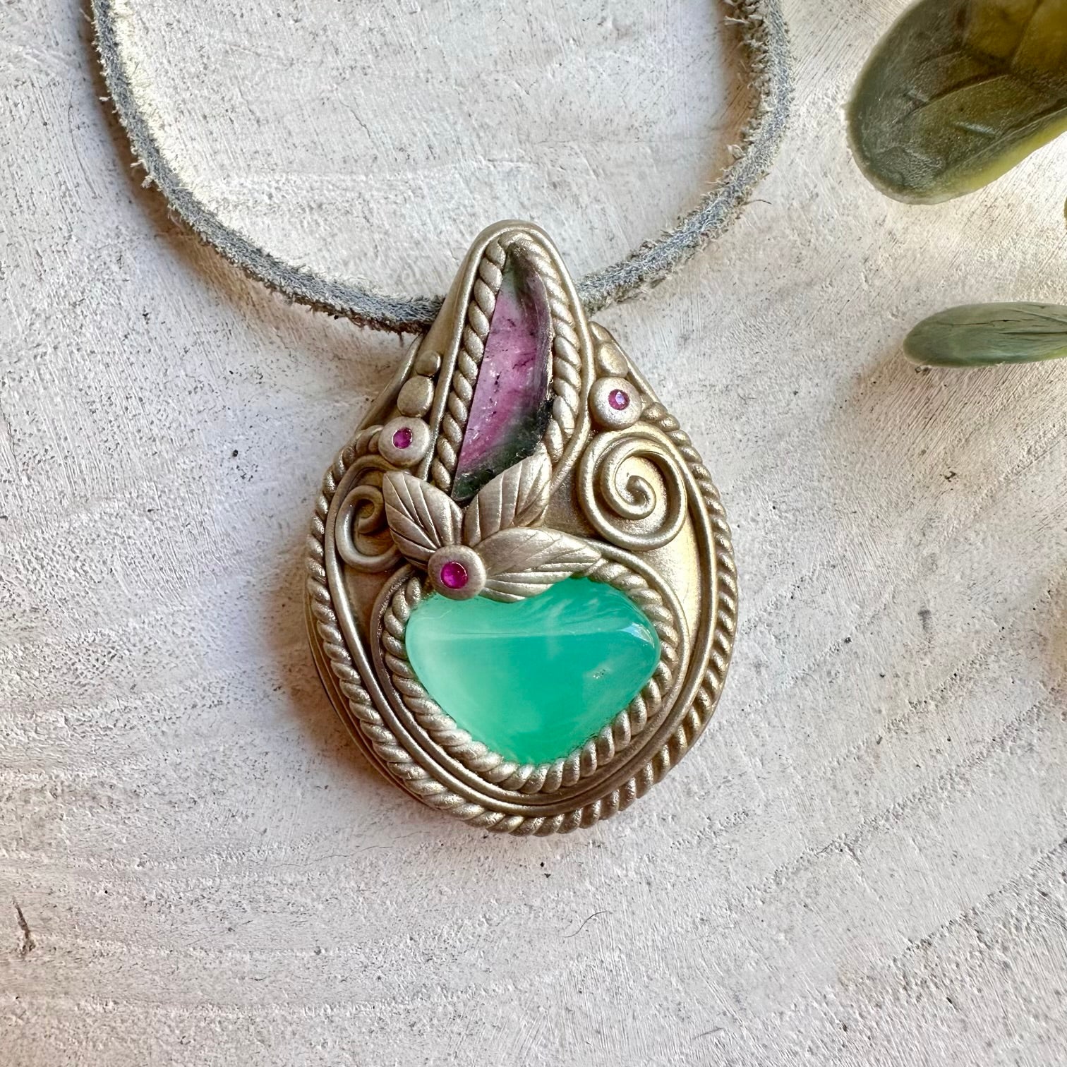 One of a kind gemstone necklace with vibrant green Chrysoprase, Watermelon Tourmaline and natural Ruby.